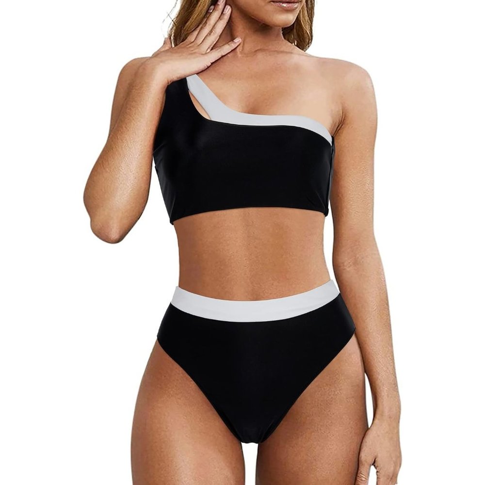 Women Black White 2 Piece Cutout One Shoulder High Waisted Bikini